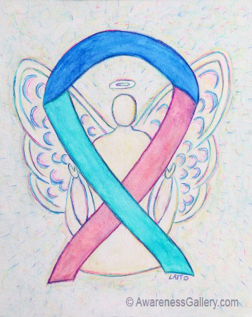 Blue, Pink, and Teal Thyroid Cancer Awareness Ribbon Angel Art Painting