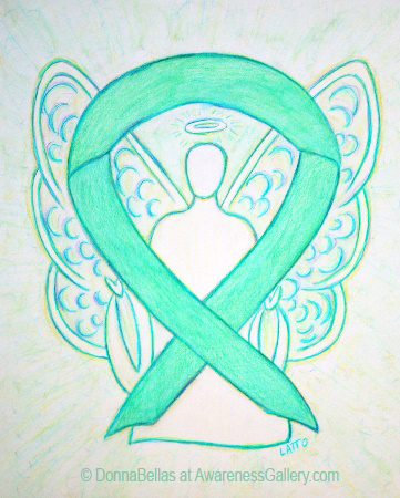 Liver Cancer and HPV Jade Green Awareness Ribbon Angel Painting Art