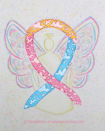 Congenital Diaphragmatic Hernia (CDH) Yellow, Pink, and Blue Clouds Awareness Ribbon Angel Painting Art