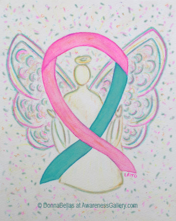 Pink and Teal Awareness Ribbon Angel Art Painting for Hereditary Breast and Ovarian Cancer Support