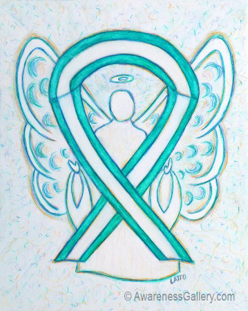 Teal and White Cervical Cancer Awareness Ribbon Angel Art Painting